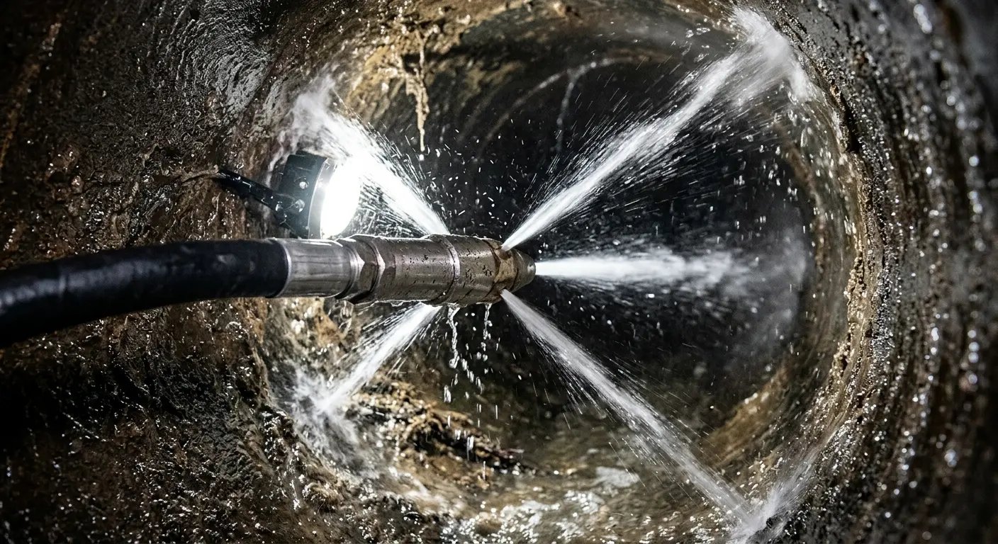 High-pressure hydro jetting nozzle cleaning sewer pipe for Sewer Cleanout in American Canyon