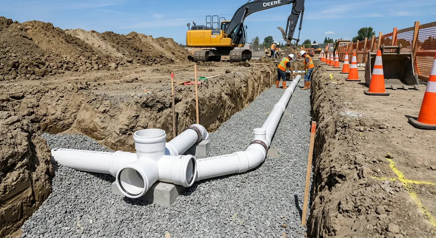 New PVC sewer pipe installation in open trench for Sewer Backup in American Canyon