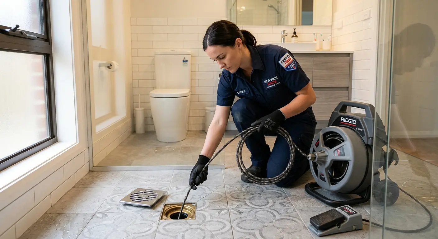 Technician clearing a bathroom floor drain for Drain Cleaning in American Canyon